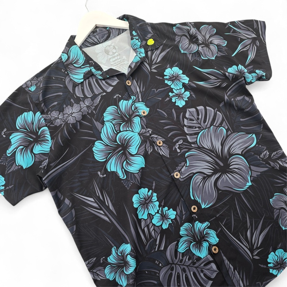 Project X Mens Large Black Floral Hibiscus Stretch Button Down Shirt Teal Grey